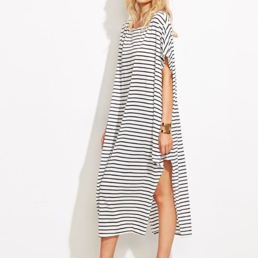 Striped Boatneck Asymmetric Maxi Dress